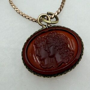 Antique Portrait Art Glass Pendant Rolled Gold Chain